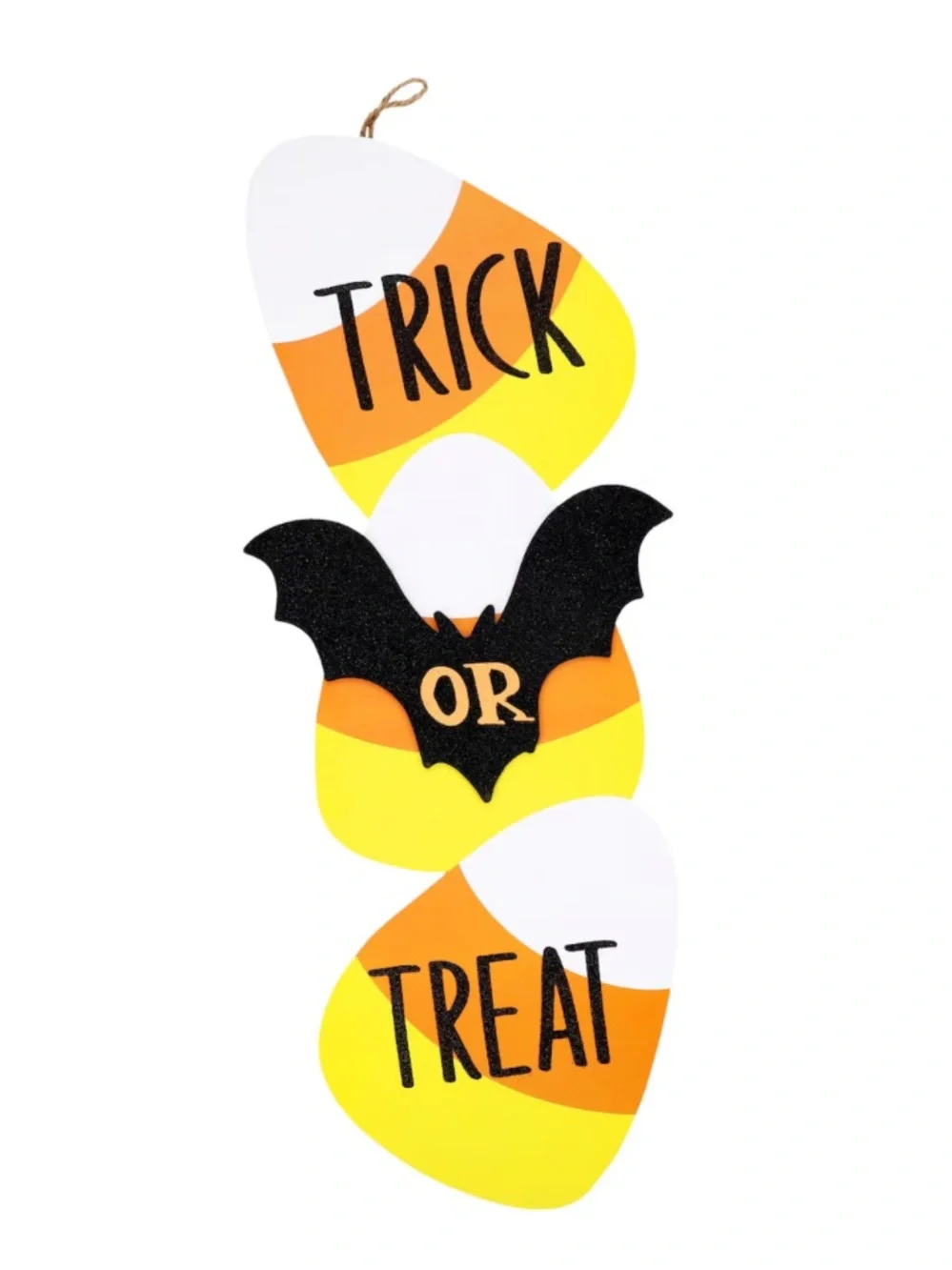 NWT 25”-Trick or Treat- Candy Corn & Bat- Glittered Wooden Halloween Decor Sign
